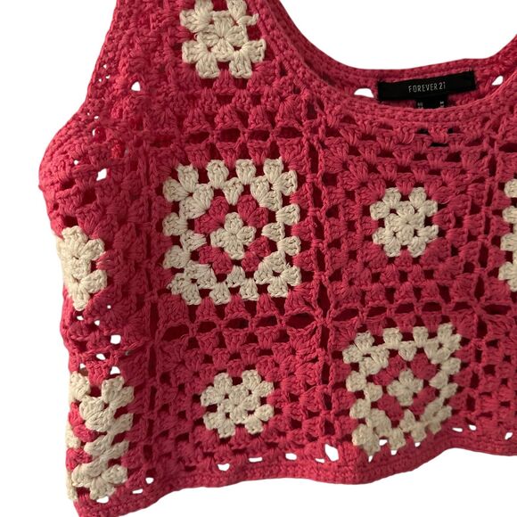 Forever 21 Pink & White Knit Granny Square Scoop Neck Halter Tank Top M - Picture 3 of 6